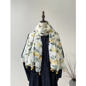 Écharpe en soie pour femme avec imprimé citron et pompons, châle d'été et paréo de plage