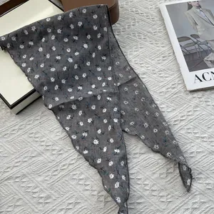 Floral linen triangle scarf and headband in grey with blue floral pattern for women