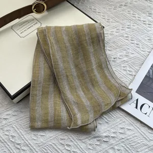 Detailed texture of breathable linen plaid scarf in yellow and grey with gift box