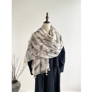 Women's Vintage Cotton Linen Floral Scarf Elegant Lightweight Sun Protection Shawl Wrap With Tassels For Daily Commuting
