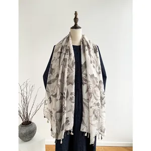 Elegant grey floral cotton linen shawl for women with fringe trim in minimalist style