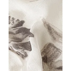 Elegant grey-white cotton linen scarf with vintage floral patterns for women