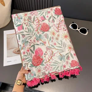Women Cotton Linen Floral Scarf Vintage Thin Sunscreen Shawl Pink Tassels Summer Travel Literary Ethnic Style Scarf