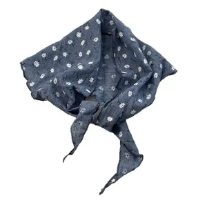 Vintage floral cotton linen triangle head scarf in navy blue with white flower patterns
