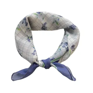 Japanese style floral cotton square scarf with soft blue flower patterns on grid base