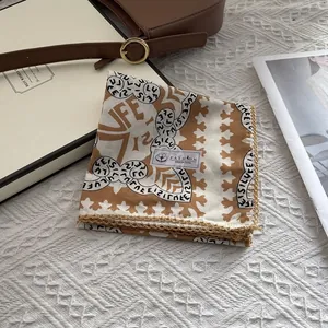Retro square neck scarf with caramel geometric print and decorative lace edge