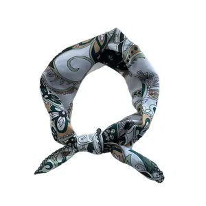 French vintage green paisley silk scarf for hair and neck with geometric pattern