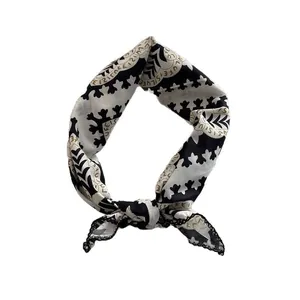 Vintage geometric silk scarf for women featuring black and beige prints with lace edges