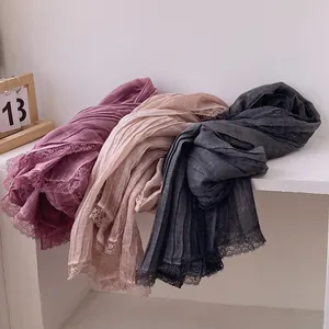 Elegant long cotton linen scarf for women featuring pleated lace edges in various colors