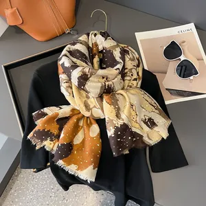 Women Artistic Oil Painting Print Scarf Gold Foil Bronzing Long Shawl Tassel Decorative Wrap For Sun Protection Lightweight Accessories