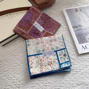 Retro 100% cotton printed square scarf set with vintage patterns and crochet lace trim