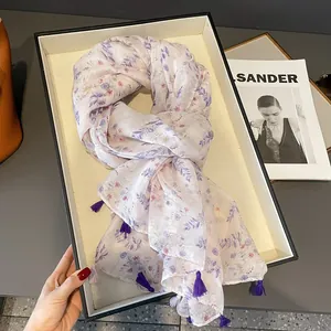 Women Floral Print Long Scarf Lightweight Sun Protection Shawl With Tassels Ethnic Style Thin Scarf For Travel Daily Wrap