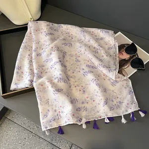 Elegant floral print scarf with purple fringes, summer sun shawl for travel outfits