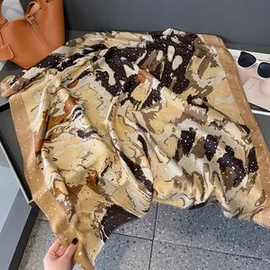Artistic oil painting style linen scarf with earth-tone abstract print and fringe detail