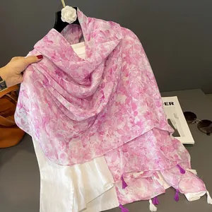 Women Ethnic Floral Scarf National Style Lightweight Sunscreen Shawl With Tassels Soft Satin Feel Wrap For Beach Travel