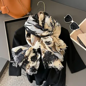 Artistic oil painting style cotton linen scarf with ink print and gold glitter accents