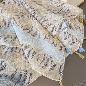 Bohemian mandala print cotton linen scarf with colorful tassel fringes for women