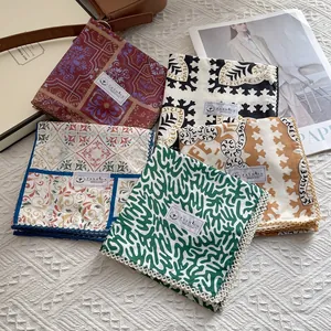 Women Vintage Cotton Printed Square Scarf With Crochet Lace Trim Elegant Retro Lightweight Neck Scarf Bandana Handkerchief