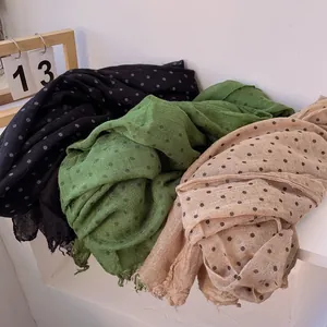 Polka dot linen blend scarves in black, green and khaki with frayed edges for sun protection