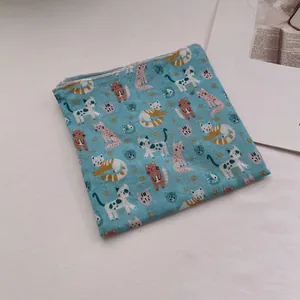 Blue cotton linen square scarf with cute cartoon cat print for hair and neck styling