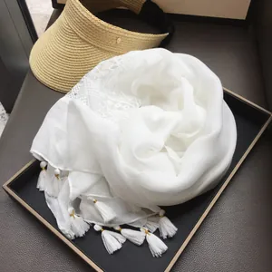 Elegant white ethnic style scarf with lace embroidery and tassels for beach travel