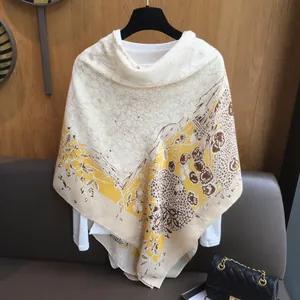Elegant floral square scarf in beige and yellow silk-like fabric for sun protection
