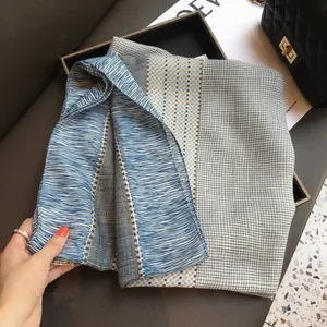 Blue and white plaid summer scarf silk shawl with geometric patterns for sun protection