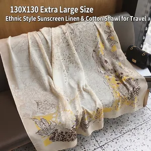 Floral ethnic cotton linen scarf, 130x130cm large beach shawl for sun protection