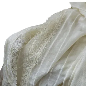 Elegant white cotton linen scarf with eyelash lace trim and pleated texture for women