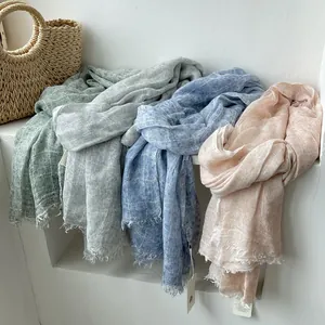 Women Retro Literary Voile Scarf Lightweight Solid Color Long Shawl With Frayed Tassels Versatile Spring Autumn Wrap Scarf