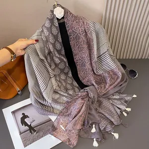 Elegant grey and pink floral scarf shawl with fringes, versatile summer beach wrap
