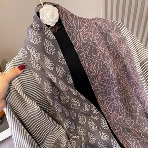 Gray and pink patchwork cotton linen scarf with geometric patterns and floral detail