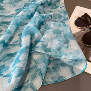 Blue and white ink wash cotton linen scarf for desert travel and sun protection