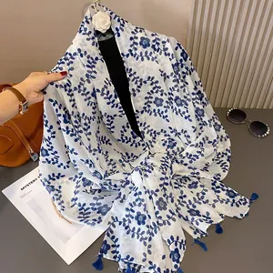 Chinese blue floral porcelain print scarf with tassels made of breathable lightweight fabric