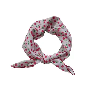 Lightweight cotton linen square scarf featuring red cherry patterns on a white background