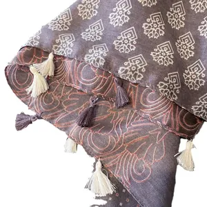 Ethnic pattern purple cotton linen scarf shawl with fringe details for sun protection