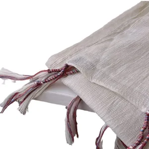 Off-white cotton linen scarf with ethnic style red and blue tassels for sun protection