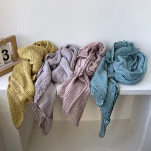 Pleated solid color cotton linen scarves in four colors with refined contrast stitching