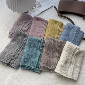 Pleated solid color cotton linen scarves with wave embroidery in multiple colors