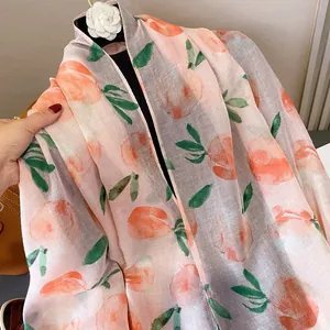 Pink linen-feel peach print scarf shawl for women with light and breathable material