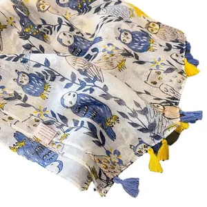 Châle en lin et coton avec imprimé hibou et pompons colorés pour la plage été