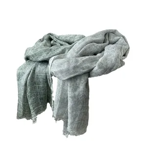 Checkered cotton linen scarf for women with fringe edge in muted blue and green tones