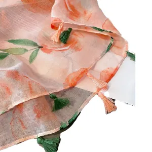 Peach print cotton linen scarf with colorful tassel edges for sun protection