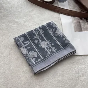 Cotton linen floral scarf with vintage roses and gray stripes on a soft white background