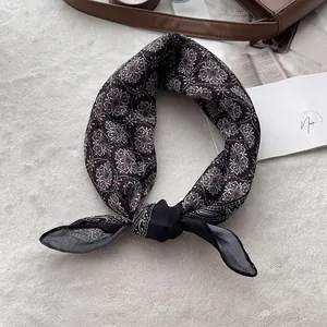French vintage cotton linen bandana with black geometric floral pattern for hair and bags