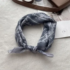 Blue cotton linen floral square scarf with elegant white rose and stripe patterns