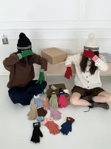 Bunte Strickhandschuhe und Bommelmützen in verschiedenen kontrastreichen Winterfarben