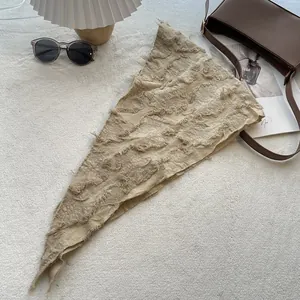 Beige cotton linen triangle scarf with vintage distressed texture and frayed edges