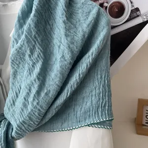Detailed close-up of textured turquoise scarf with elegant white crochet lace edges