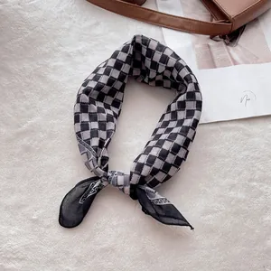 Détail d'un foulard en soie à damier avec bordure cachemire sur un tapis en peluche